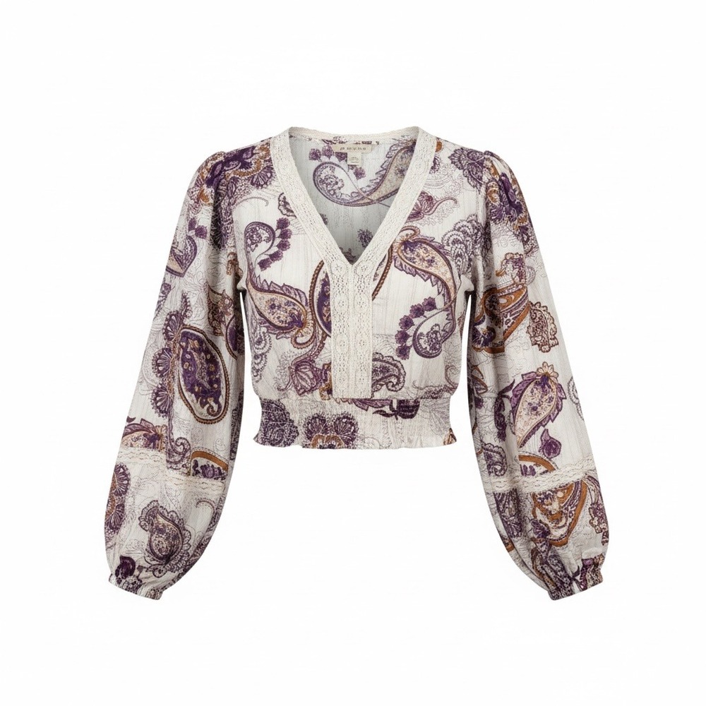 New Paisley Crop Top Purple Cream Gold Lace V-Neck Balloon Sleeve XS Boho‎ Shirt